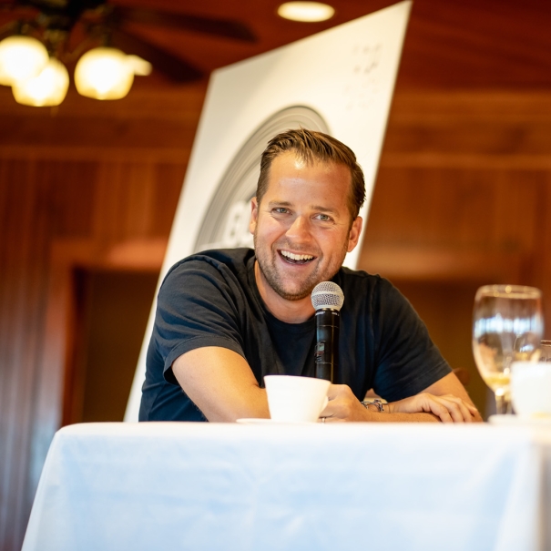 Nick Leopard delivers speech at Company Offsite